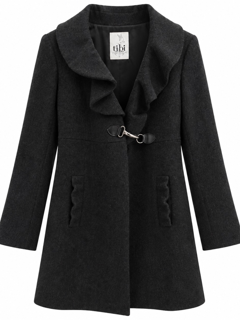 Tibi New York Womens Size 4 Dark Gray Wool Blend Ruffle Coat Jacket Toggle
